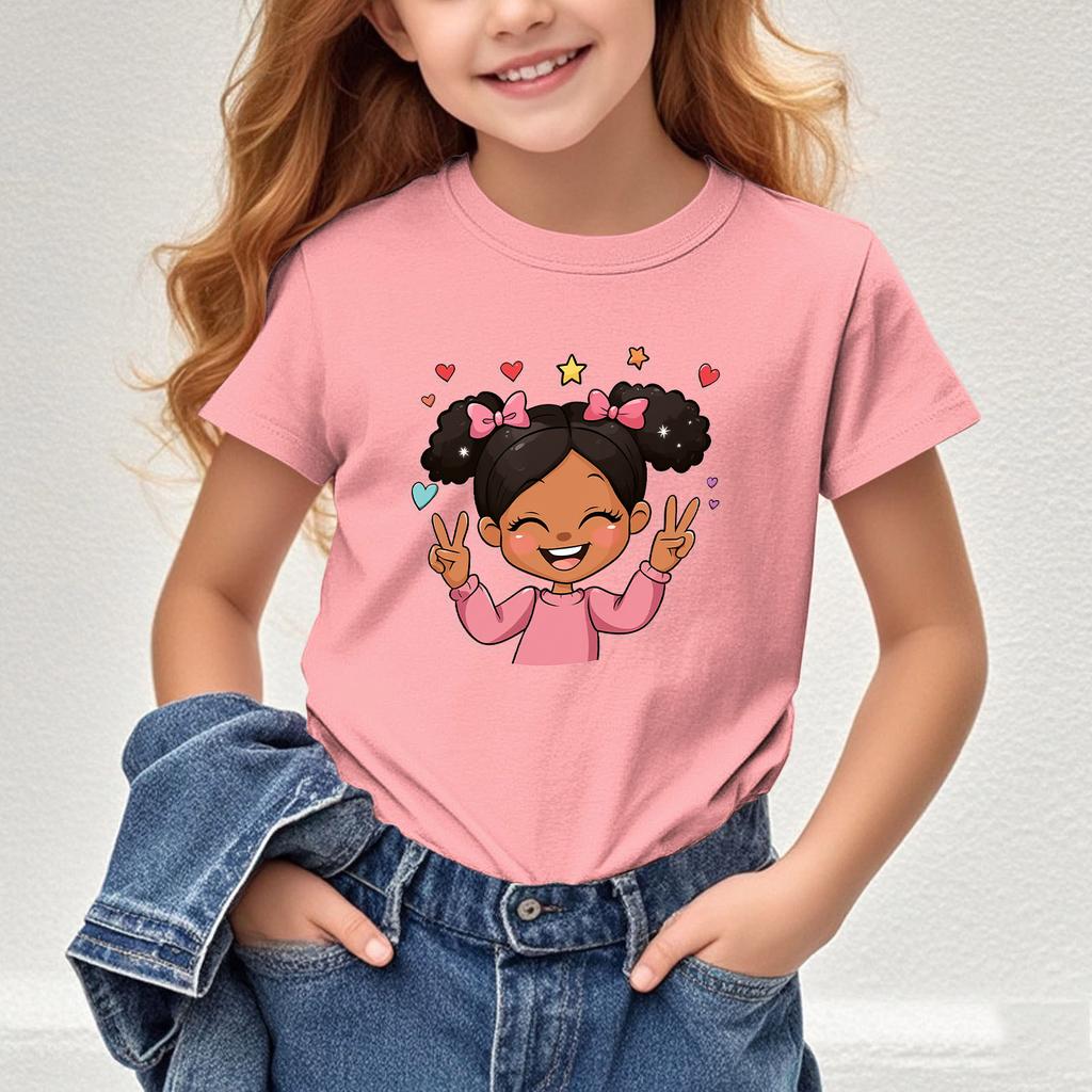 Girls New Cartoon Printed Shortsleeved Tshirt Summer Shortsleeved Tshirt Childrens Round Neck Top  polyester fabric