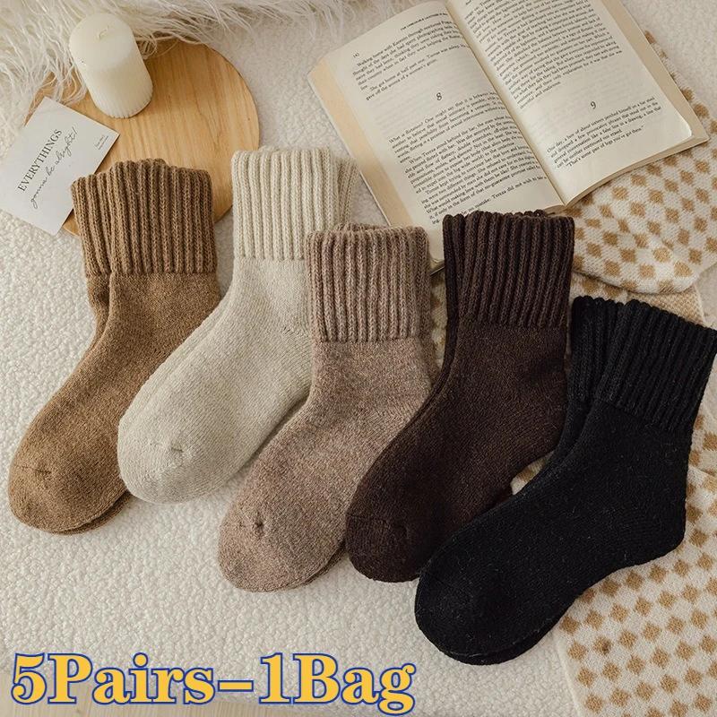 

5 Pairs Women s Thickened Fleece Lined Mid Calf Socks Winter Warm Outdoor Hiking Polyester Spandex Blend Machine Washable One Size