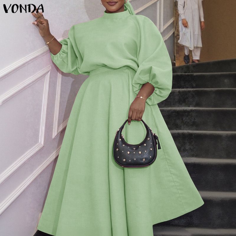 VONDA 2PCS Women Long Sleeve Blouse and Skirts Casual Elegant Two Piece Sets