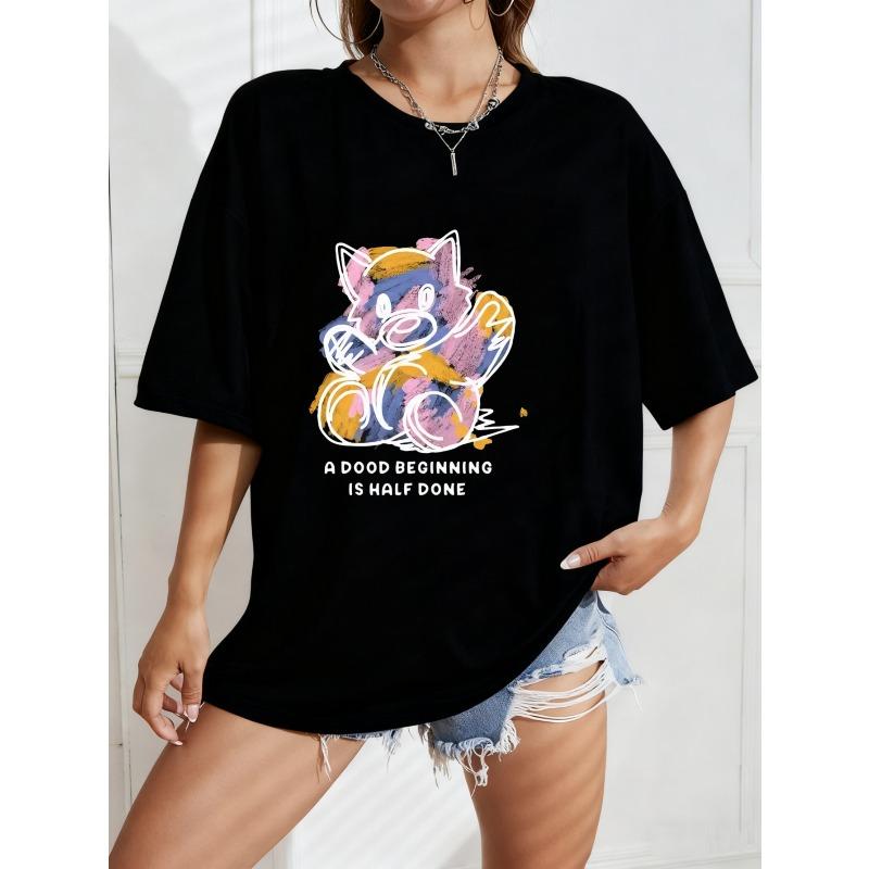 

Белая футболка оверсайз с красочным рисунком кота и мотивационной цитатой «Хорошее начало — половина дела» для повседневной носки и повседневного стиля XXXXL чёрный