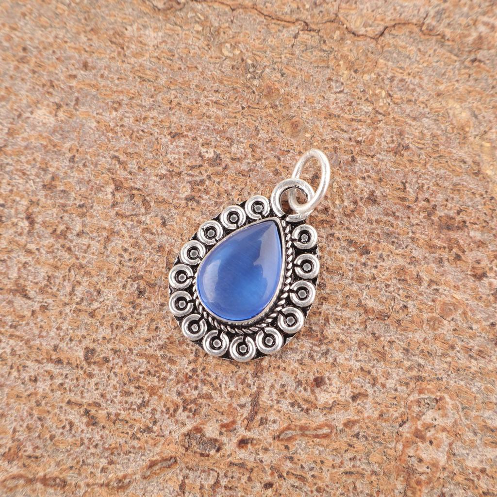 Pear Dark Blue Cat'S Eye Stone Elegant New Pendant Jewelry 925 Sterling Silver PP-26-42