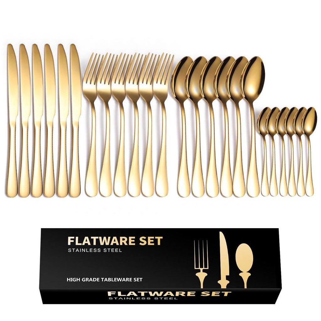 24-Piece Gold Stainless Steel Cutlery Set with Knife, Fork, Spoon & Household Storage Rack In Gift Box