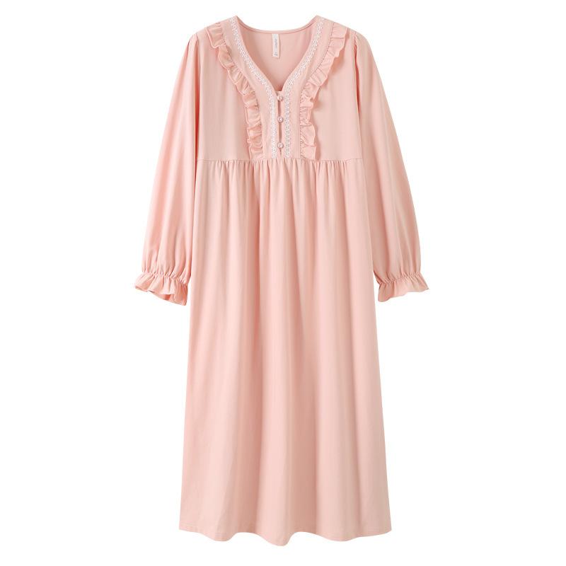 Pyjama Damen Frühling und Herbst Baumwolle Lange Ärmel Lang Schwangere Damen Süß Lockeres Kleid Pyjama Rock