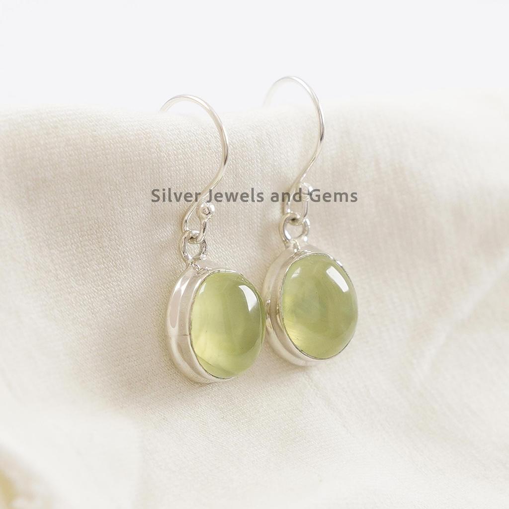 Oval Prehnite Earring, 925 Sterling Silver Dangle Earring, Natural Gemstone Earrings, Birthday Earring