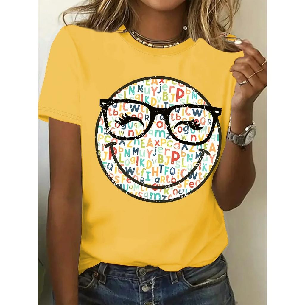 Sommar Rundhalsad Färgglad Leende Ansikte Mönster Tryckt Topp Trendig Vardaglig Ren Bomull Kortärmad Dam T-shirts