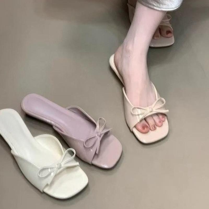 Fashion Bow Open Toe Slippers Summer New Square Head Shallow Mouth Soft Bottom Non-slip Wear-resistant Mid-heel Shoes