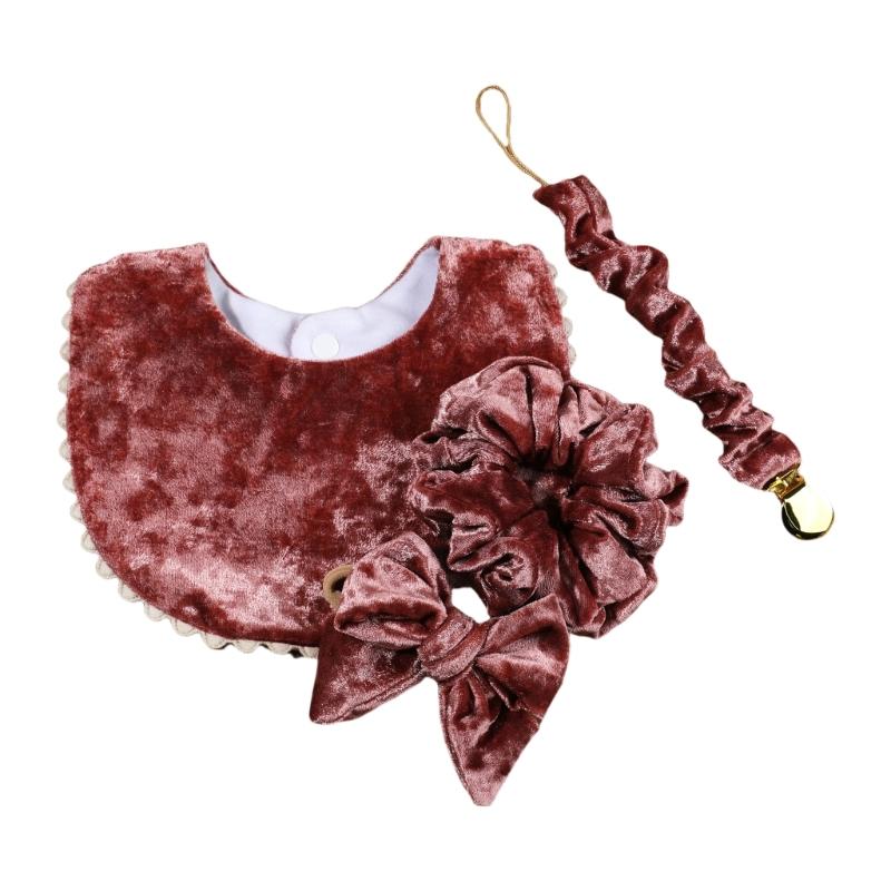 

4pcs/set Baby Girls Bib with Matching Headbands and Pacifier Clip Chain Shower Gift for 0-24 Months Infants Toddler