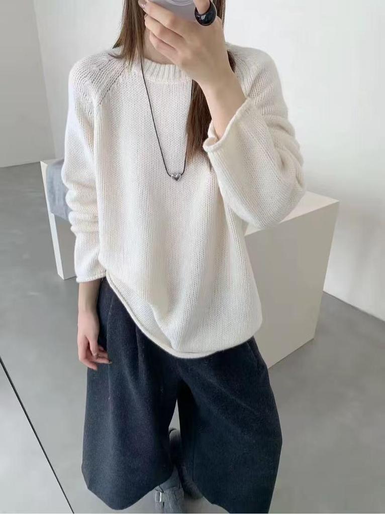 Women's Korean Style 100% Pure Wool Round Neck Pullover Sweater - Autumn/Winter Relaxed Fit with Rolled Hem