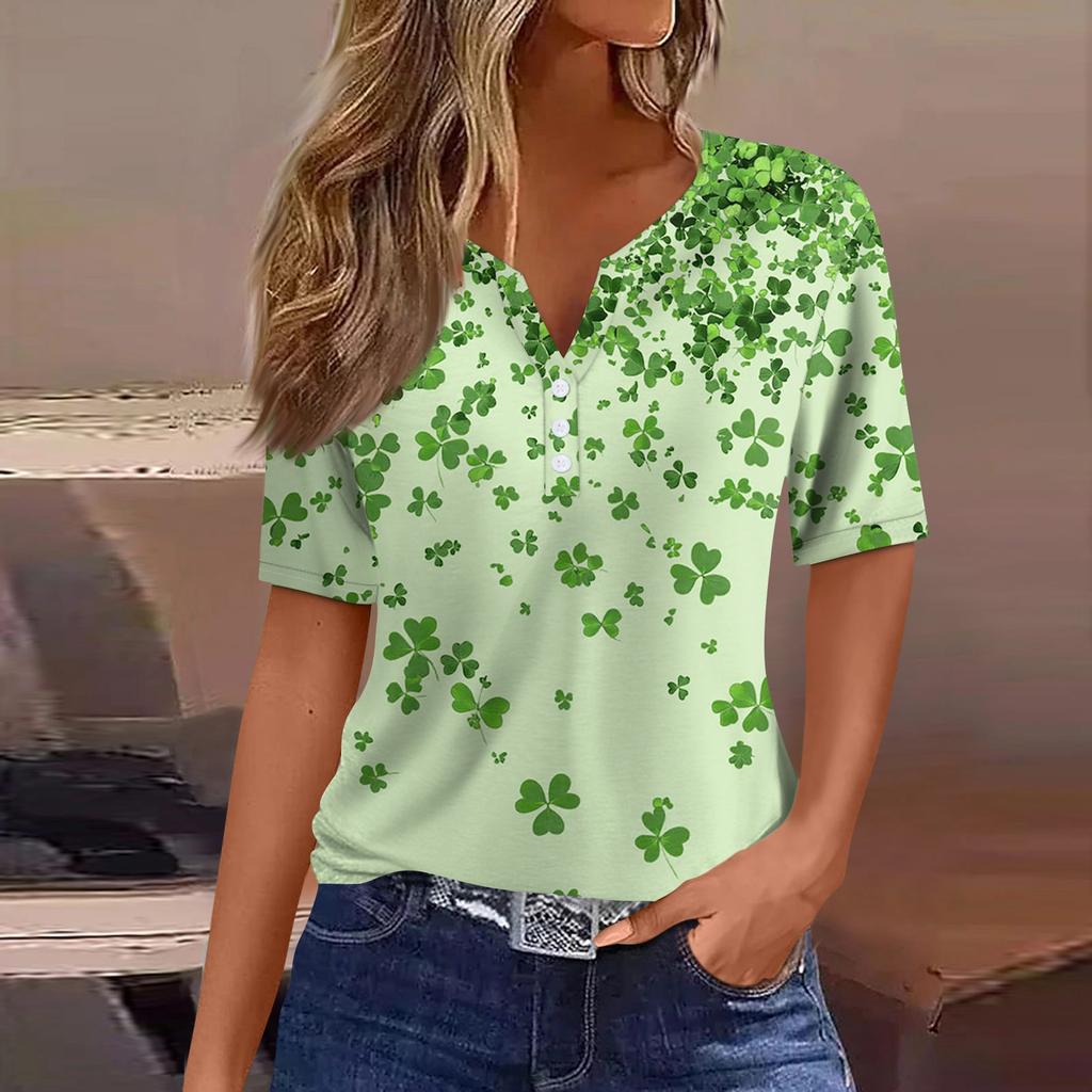 Women's T Shirt Tee Print Button Short Sleeve Daily Weekend Fashion Basic V- Neck Regular Top  St. Patrick's Day
