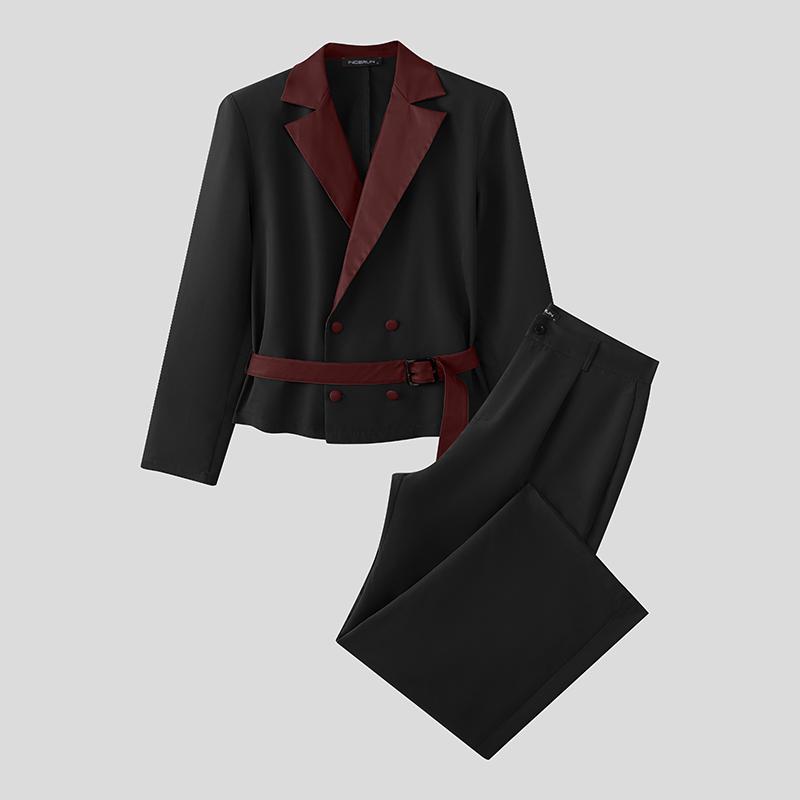 INCERUN Two Piece Suit Men Stitching Lapel Long Sleeve Thin Blazer Long Pants Casual Outfits Sets