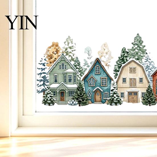 Transparent Decorative Film Christmas Winter Village Static Window Clings, Snowflake Snow House Indoor Festive Atmosphere Decor Stickers, Removable