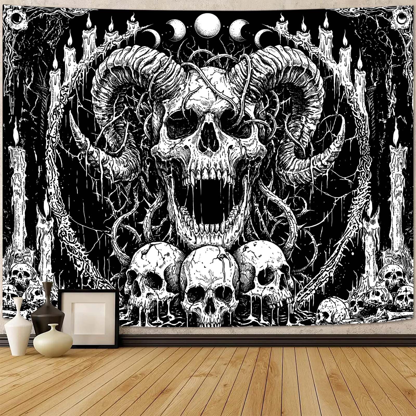 Gothic Skeleton Tapestry, Black And White Print With Winged Demon Skeleton, Skulls And Bats Under The Moon For Halloween Home 70x100CM