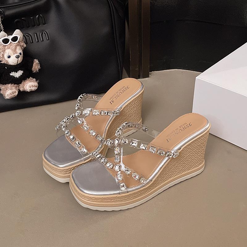 New women's shoes rhinestone transparent woven hemp rope wedge heel high heel cool slippers temperament