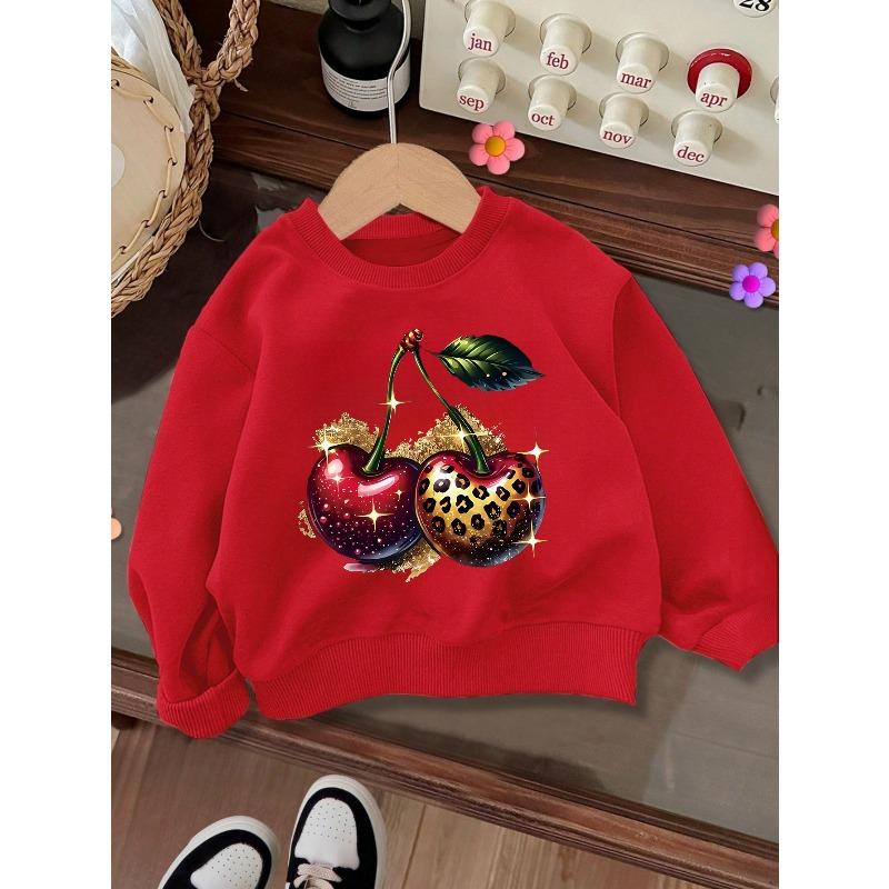 Girls' Cozy Winter Warmth - Trendy Cherry Print Crewneck Sweatshirt with Golden Accents,