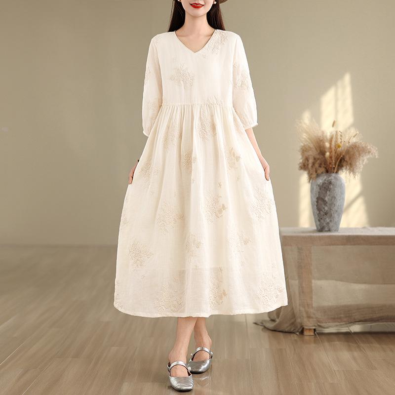 Elegant French Fairy Dress - Women s Heavy Embroidery Ramie Long White Dress Double Extra Large бежевый