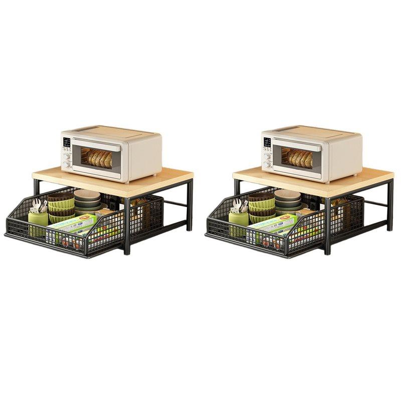 

ABFS 2X Space-Saving Kitchen Countertop Organizer With Drawer & Wire Basket - Sturdy Hardwood Shelf For Coffee Maker. Black чорний