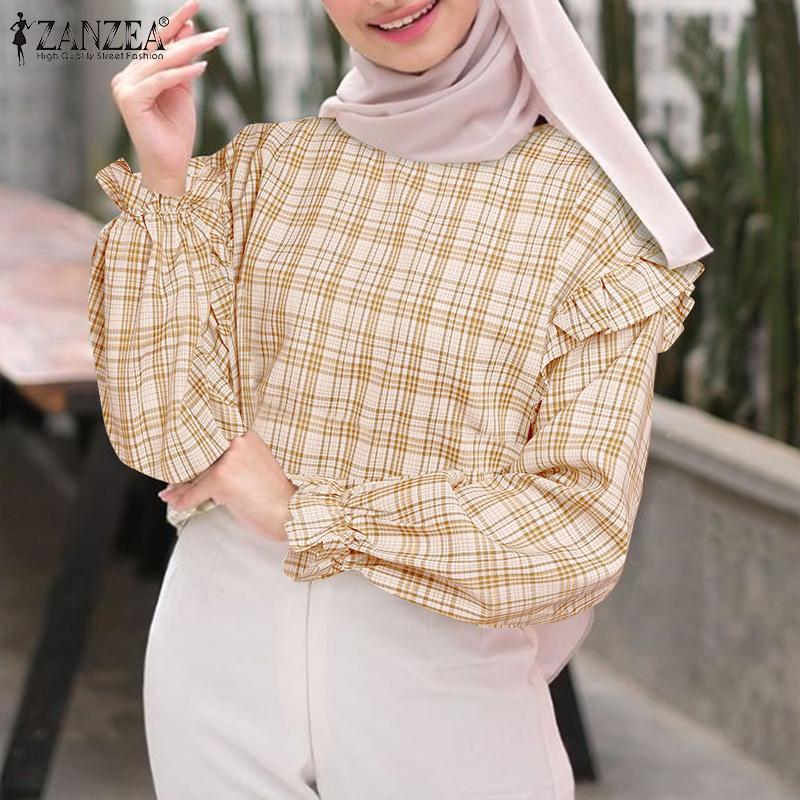 

ZANZEA Женская повседневная блузка с длинным рукавом и круглым вырезом в клетку с принтом, топы