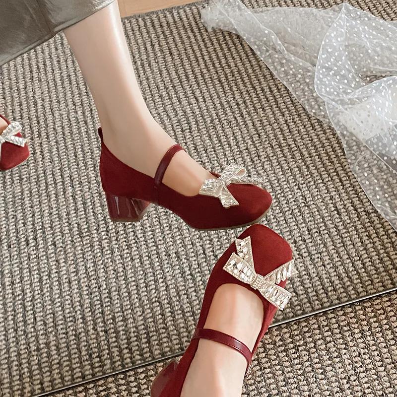 

New Women Shoes Modern Pumps Bling Crystal Bowknot Mary Jane Style High Heel Shoes Girl Party Dress Shoes 35 красный