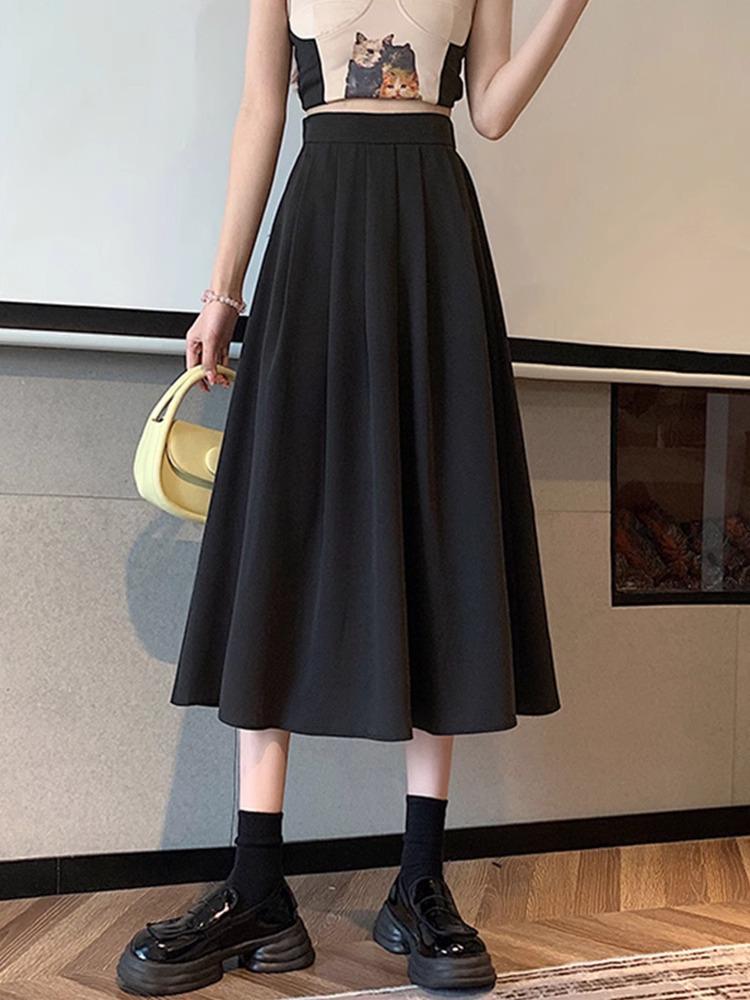 

Women s Black High-Waist Pleated Slimming Midi A-line Skirt L