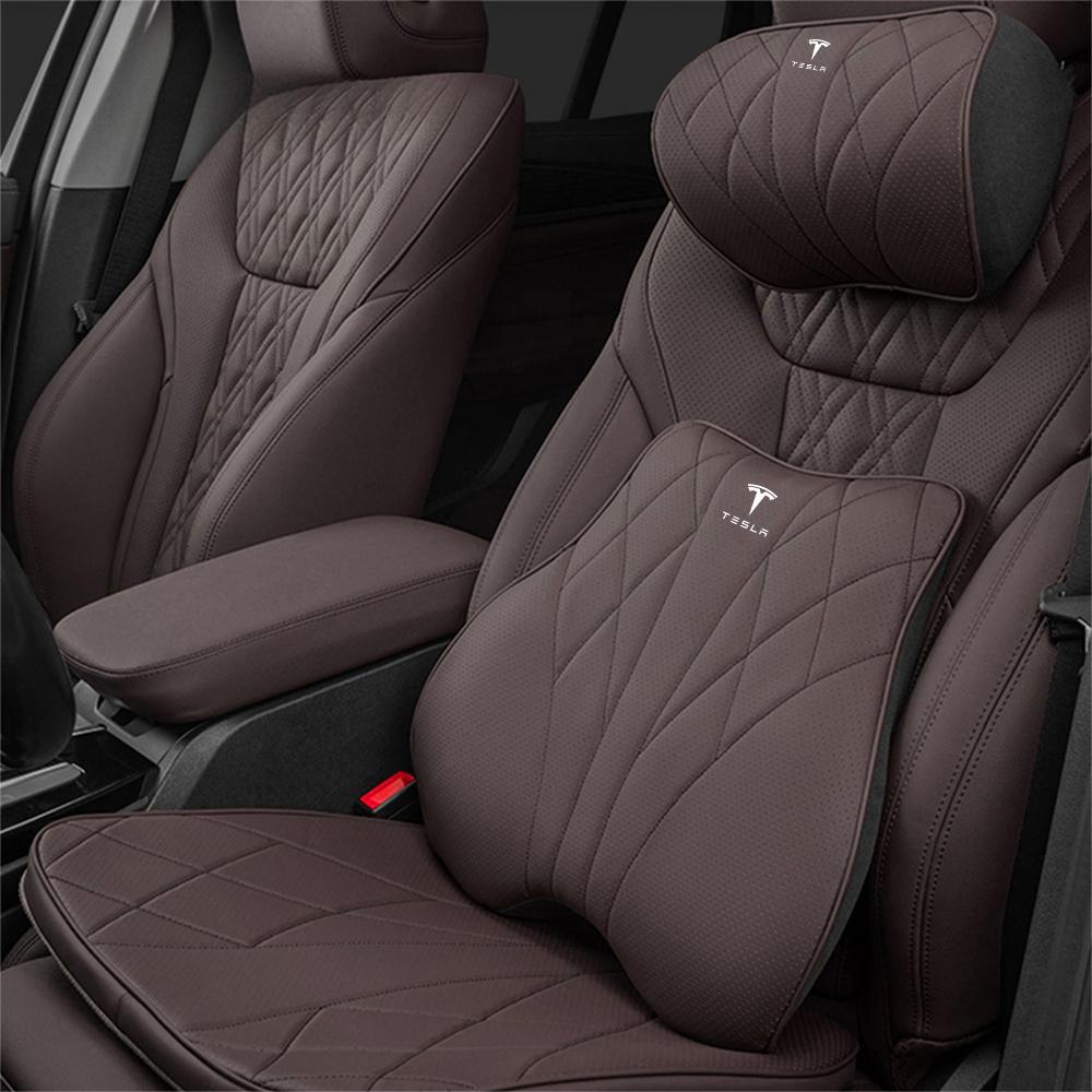 Car Leather Seat Headrest Lumbar Back Support Cushion Neck Pillow For Tesla Model 3 Model Y Model S X Cybertruck Roadster SpaceX