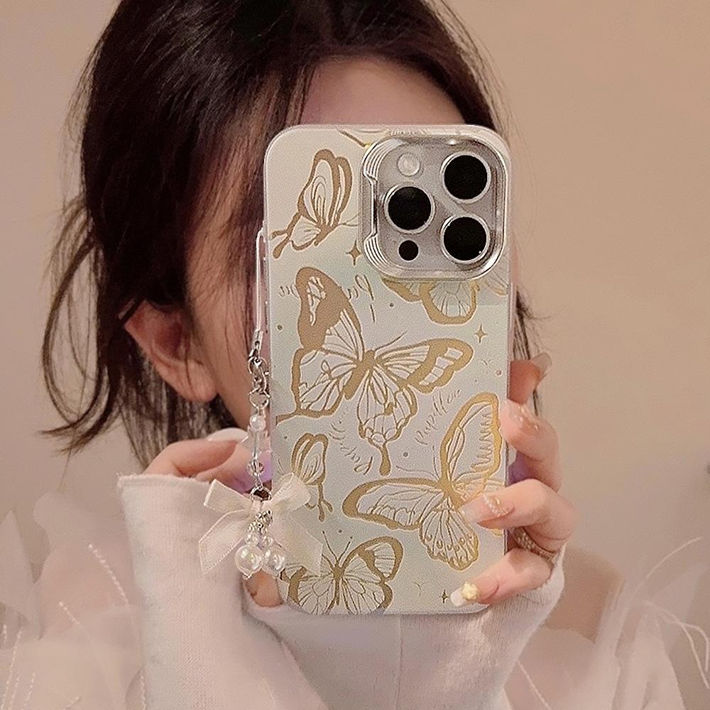 Blue Butterfly with Hanging Chain Suitable for Apple 15Pro Max Mobile Phone Case Iphone13 Laser 14 Super Fairy 16