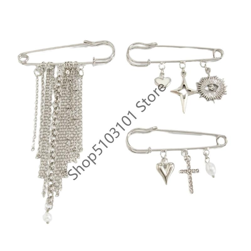 Mode Vintage Stern Brosche Pins Anziehen Bund Quasten Kette Revers Pin Broschen für Damen Sicherheitsnadeln