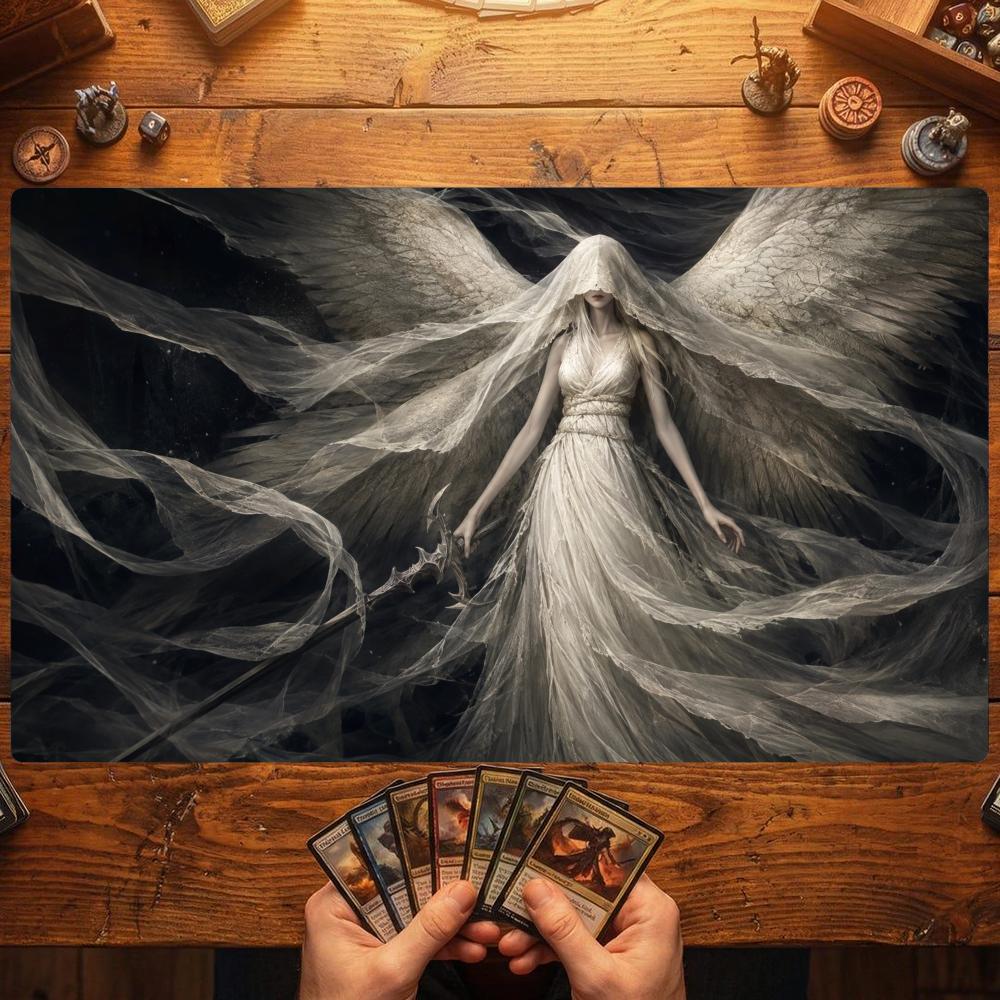 Veiled White Wing Angel TCG Playmat 35X60CM Dress Gothic Sword Magic Card Mat Non-Slip Durable Stitched Edge Tabletop Playmat