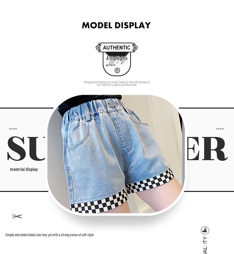 Girls' Summer Checkerboard Denim Shorts - Trendy & Lightweight