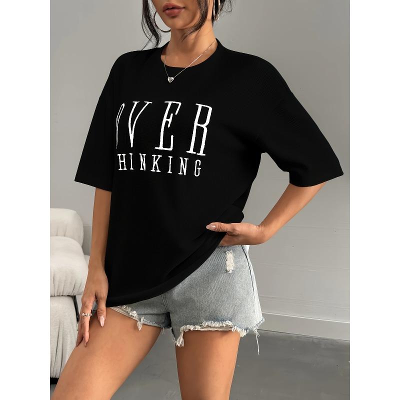 Womens Letter Print Round Neck Short Sleeve Casual Top S чёрный
