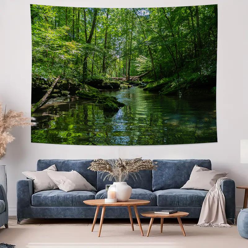 Forest Stream Scenery Tapestry  Peaceful Natural Landscape Decorative Hanging Cloth 74x94cm(29x37in)
