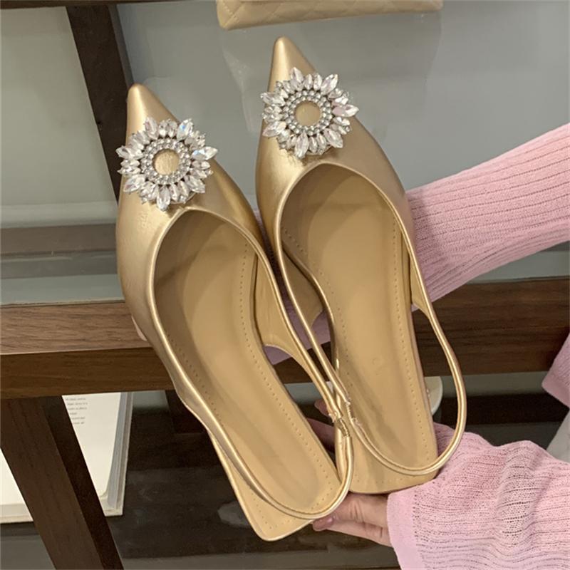 Pesstwei Spring  Elegant Sexy Pointed Toe Comfortable Design Crystal Button Flats Heels Woman Sandals Prom Slingbacks Shoes