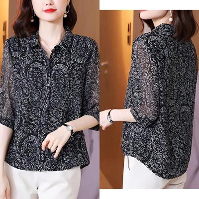 Chiffon Short Wide Lady Summer Dress New National Style Retro Three-quarter Sleeve Mom Style Floral Shirt Top