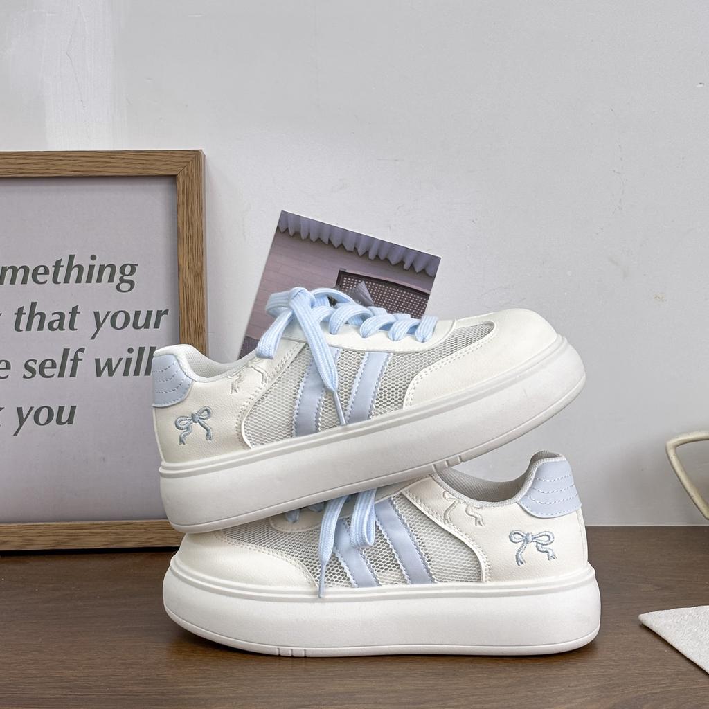 Young Girl Mesh Breathable White Sneakers Summer Versatile Trendy Fashion Thick‑Sole Board Shoes
