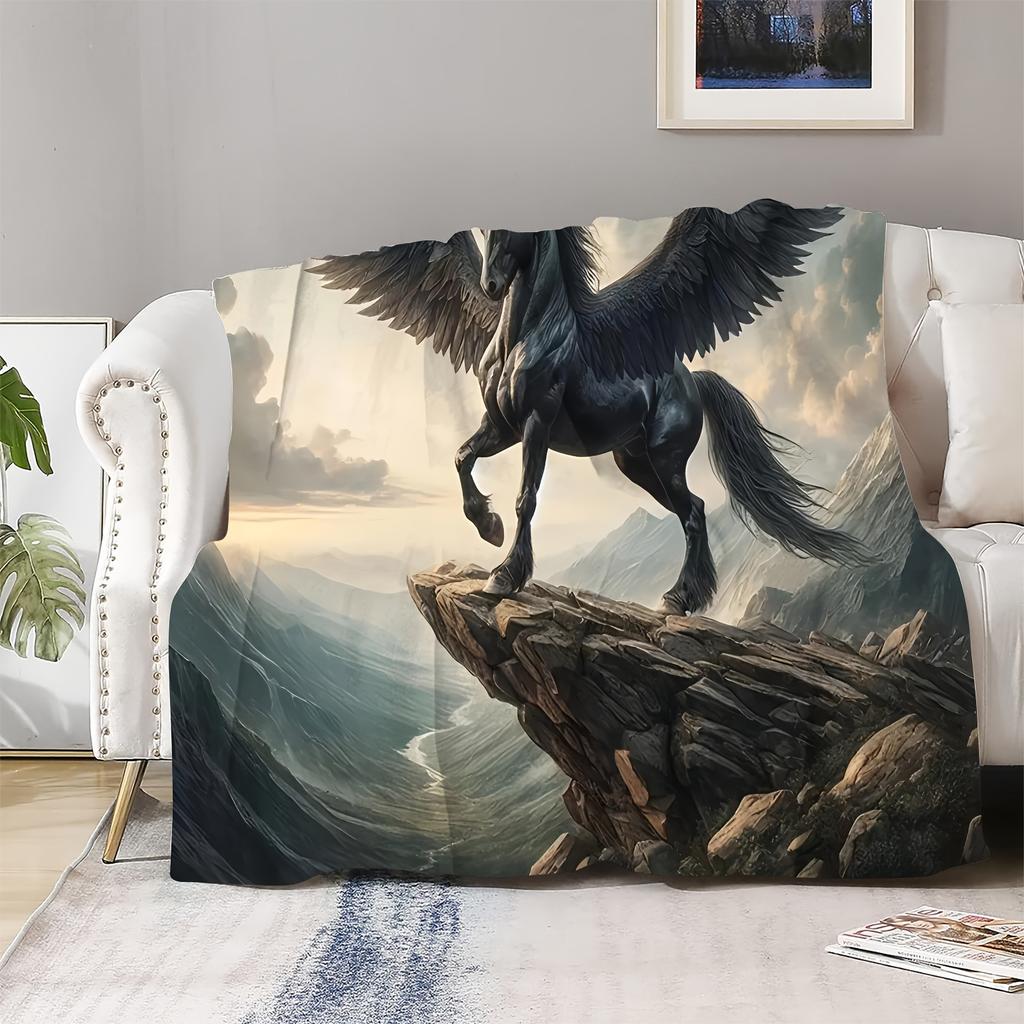 Cliff Flying Horse Print Throw Blanket - Majestic Animal Art Motif Soft Lightweight Accent for Sofa Bed Travel Office