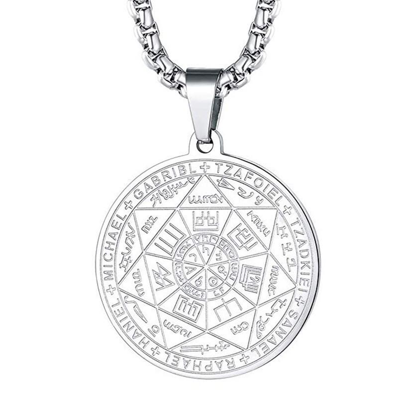 Collier pour homme en acier inoxydable avec pendentif cercle magique des sept archanges