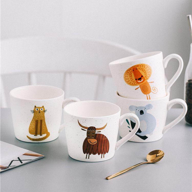 Japanese Minimalist Hand Drawn Animal Ceramic Mug 330ml Speckled Glaze Porcelain Coffee Milk Cup Microwave Safe Couple Breakfast