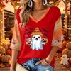 Women's V-Neck Casual Halloween Print Three-Quarter Sleeve Top for Fall Festive Occasions
