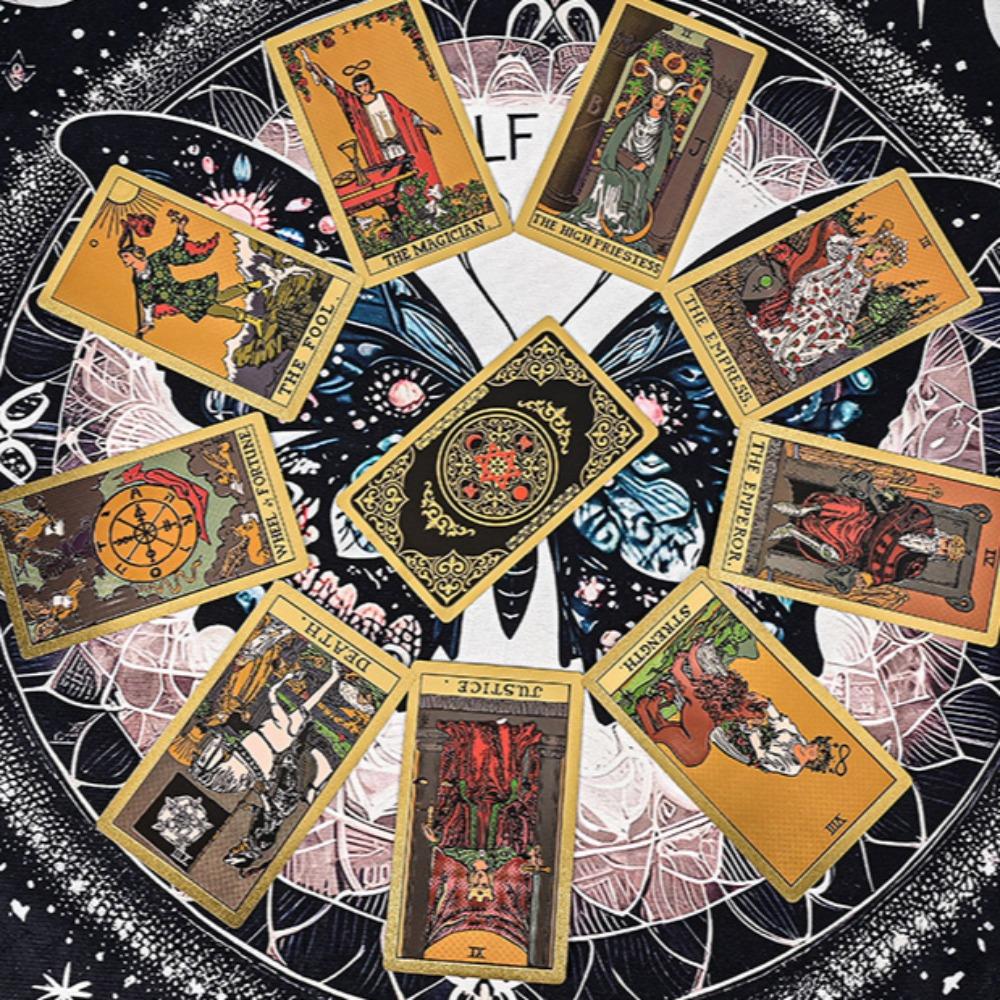 Pachet Tarot Hexagramă Aur Negru 12*7cm Rider Folie Aurie – 78 Cărți Tarot Impermeabile Rezistente la Zgârieturi În Cutie Rigidă de Cadou
