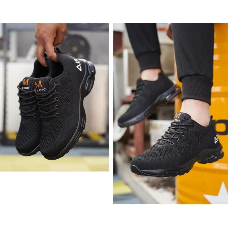 Work Safety Shoes For Men Women Air Cushion Breathable Work Sneakers Steel Toe Shoes Anti-puncture Safety Protective Black Shoes