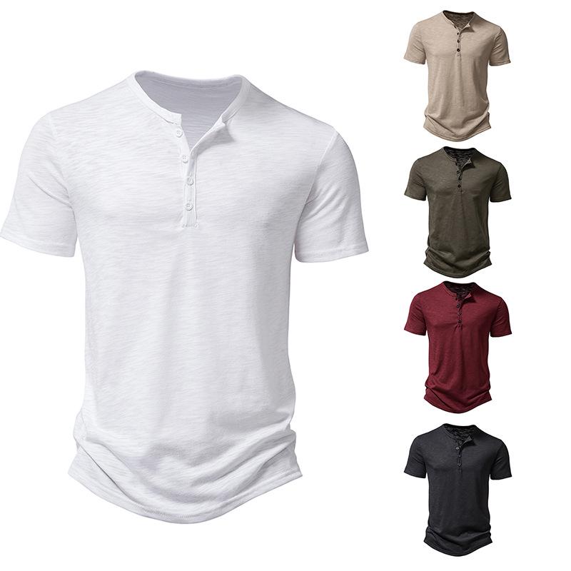 T-shirt da uomo in cotone di bambù con colletto Henley a maniche corte, taglie forti, moda casual europea