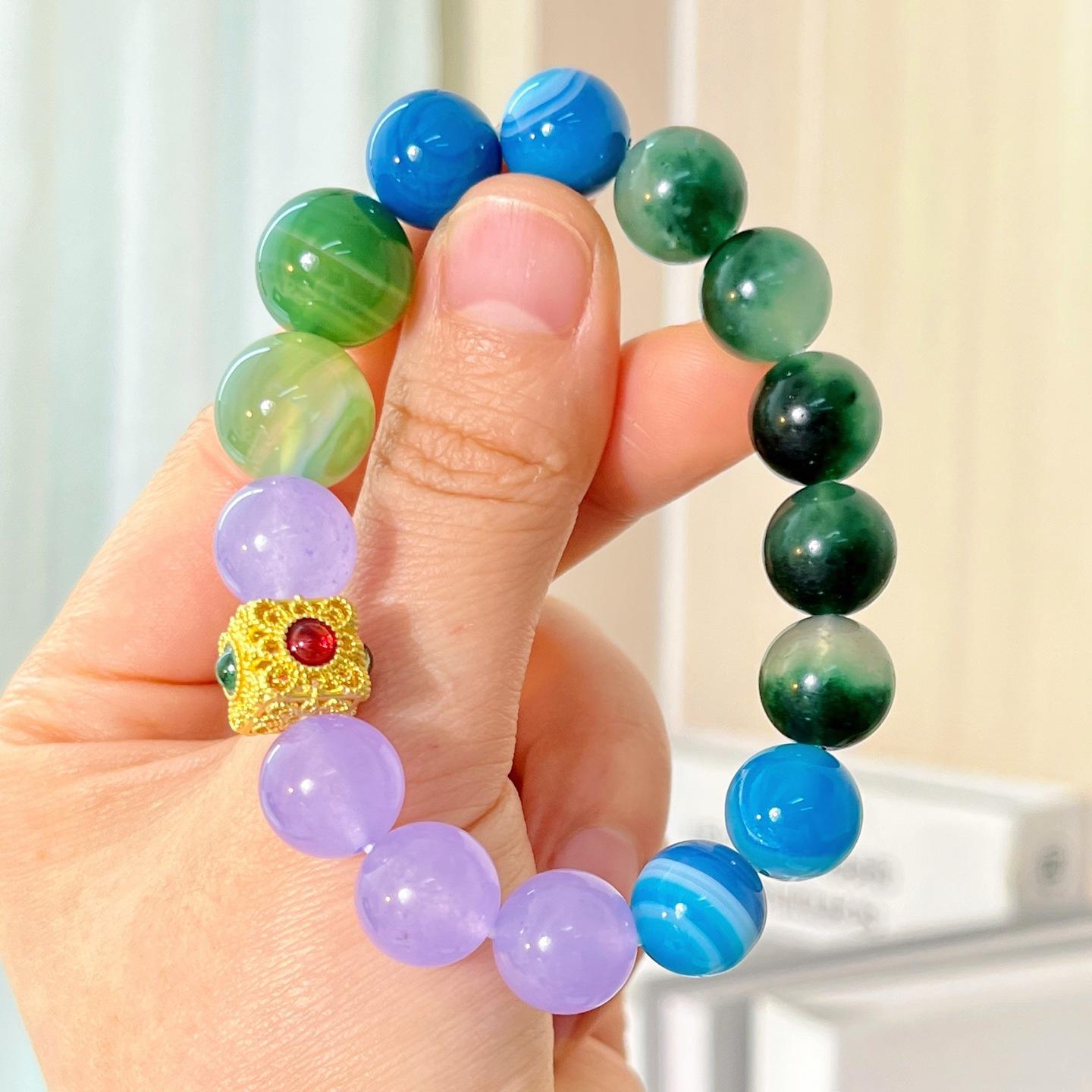 12Mm Aquatic Plant Agate Quartzite Blue Agate Contrast Bracelet