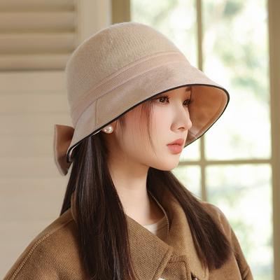 Nuovo Cappello Autunnale e Invernale da Donna con Tesa Larga che Mostra il Viso Piccolo Cappello da Pescatore Retro Versatile Cappello a Secchiello con Fiocco Stile Coreano
