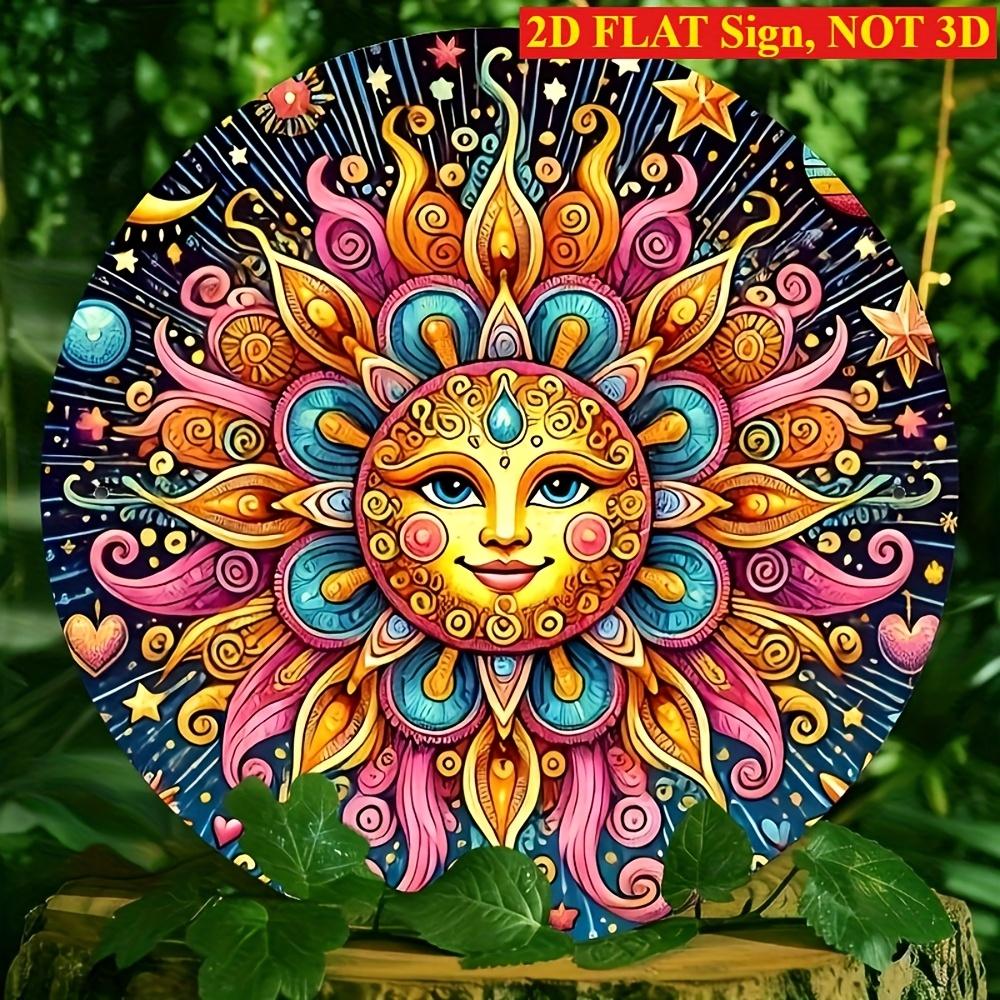 Bohemian Psychedelic Sun Face Round Metal Sign D Flat Printed Colorful Celestial Art Tin Plaque Hippie Whimsical Wall Decor f 20x20cm(8x8inch)