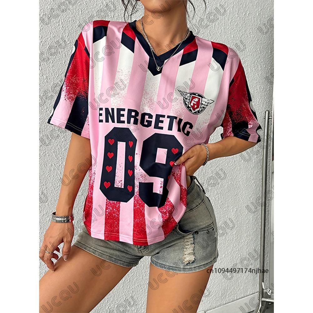 Summer New Energetic Love 09 Print T-Shirt Women V-Neck Patchwork Short Sleeve Sports Football Jersey Y2K Loose Oversized Tops S