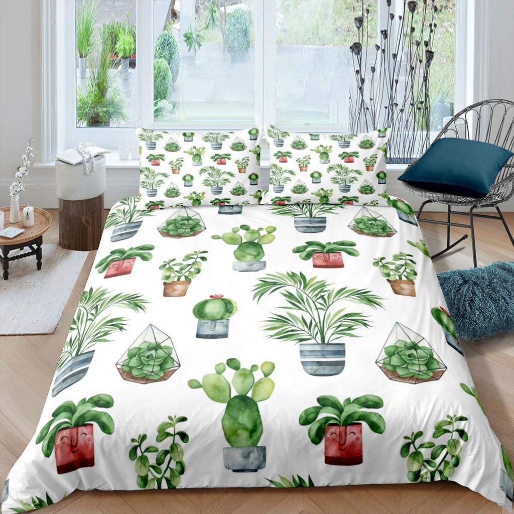 Bright Cactus Duvet Cover Set Full Queen For Girls Boys Green Plants Succulents Bedding Set Nature Art Soft Chic Comforter Cover