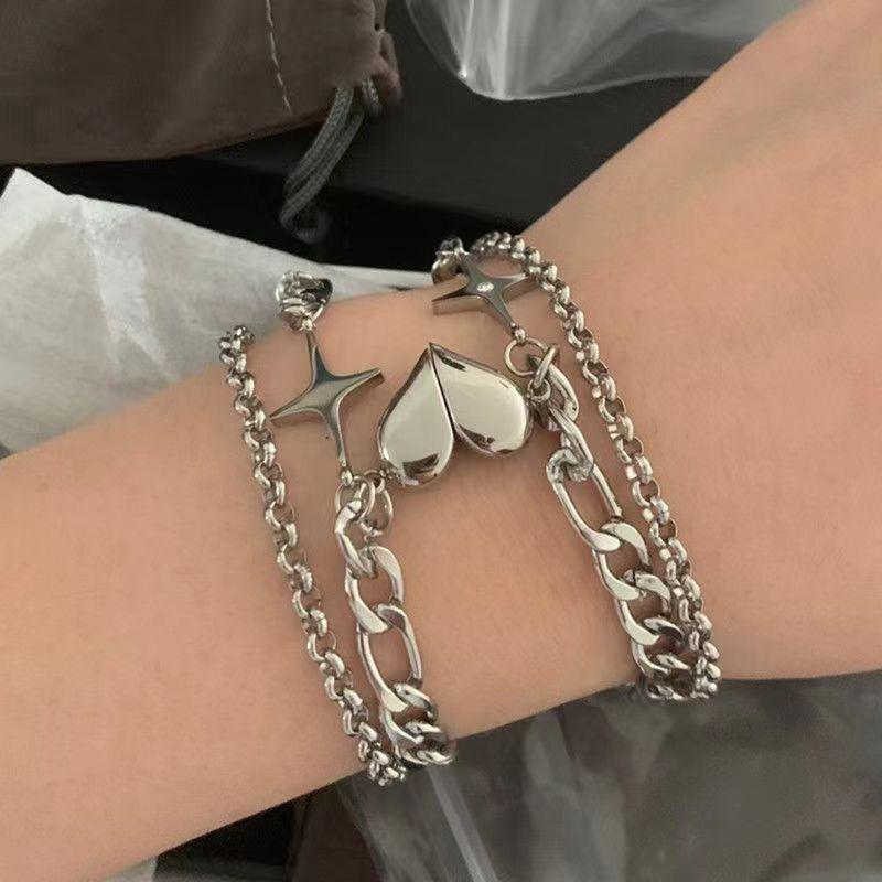 2PCS Simple Fashion Stainless Steel Bracelet Set for Couple Unisex Women Men Lover Heart Silver Color Chain Bracelets Jewelry