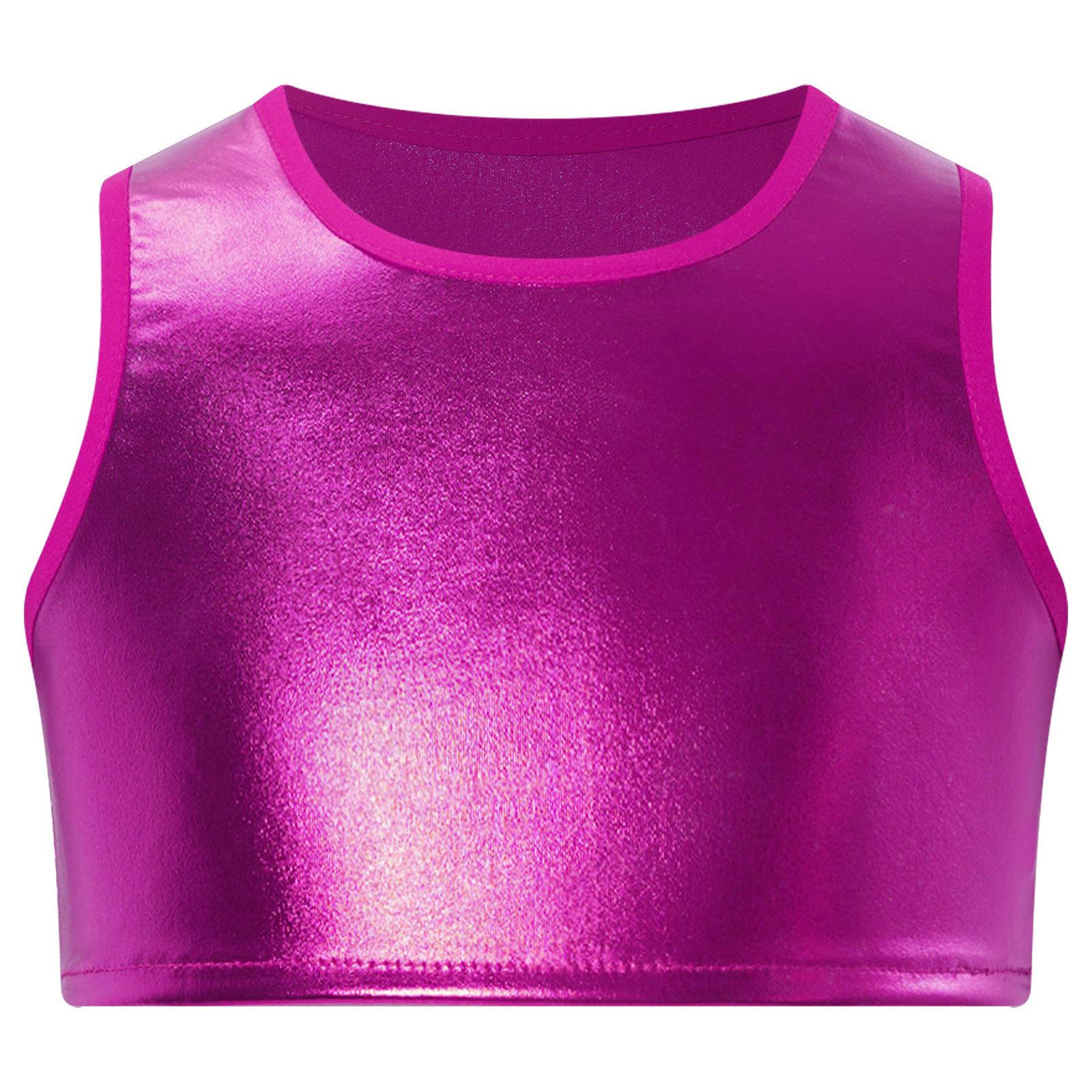 

Girls Shiny Metallic Sleeveless Crop Top Round Neck Vest Dance Stage Performance Costume Recital Wear Sparkly Top Apparel for Kids Dance Show 3-4 Years гарячі рожевого кольору
