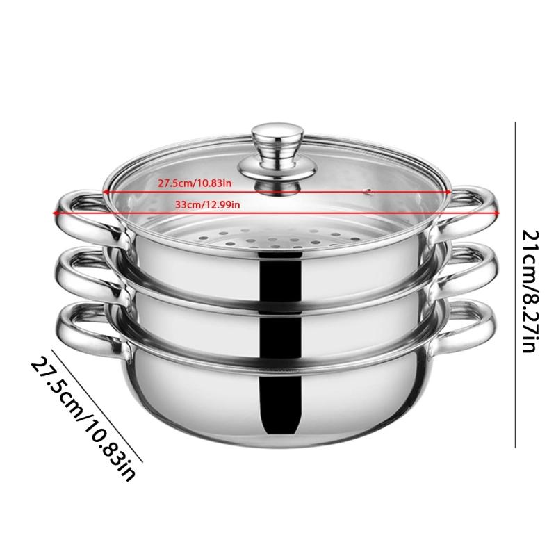 304 Edelstahl 3-lagiger Dampfgarer mit Glasdeckel Mehrzweck-Kochgerät für Gemüse Meeresfrüchte Nudeln