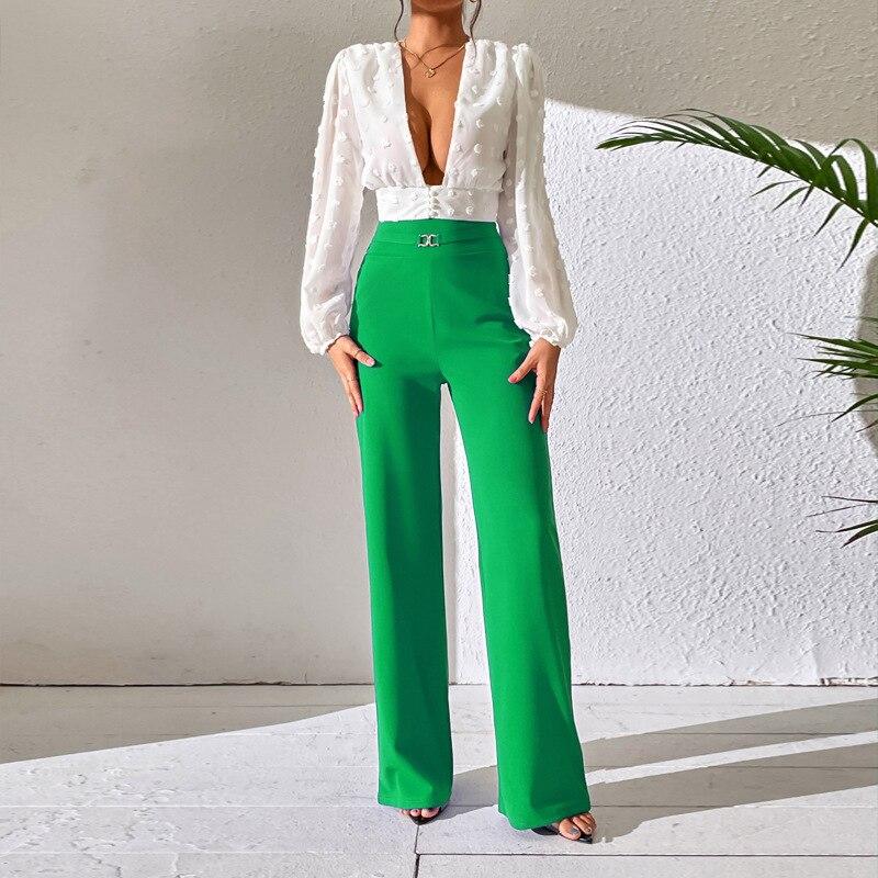 Office-lady High Waist Wide Leg Pants Fashion Summer Casual Loose Pants Women Trousers Slim Solid Pantalon Femme Pants 25915