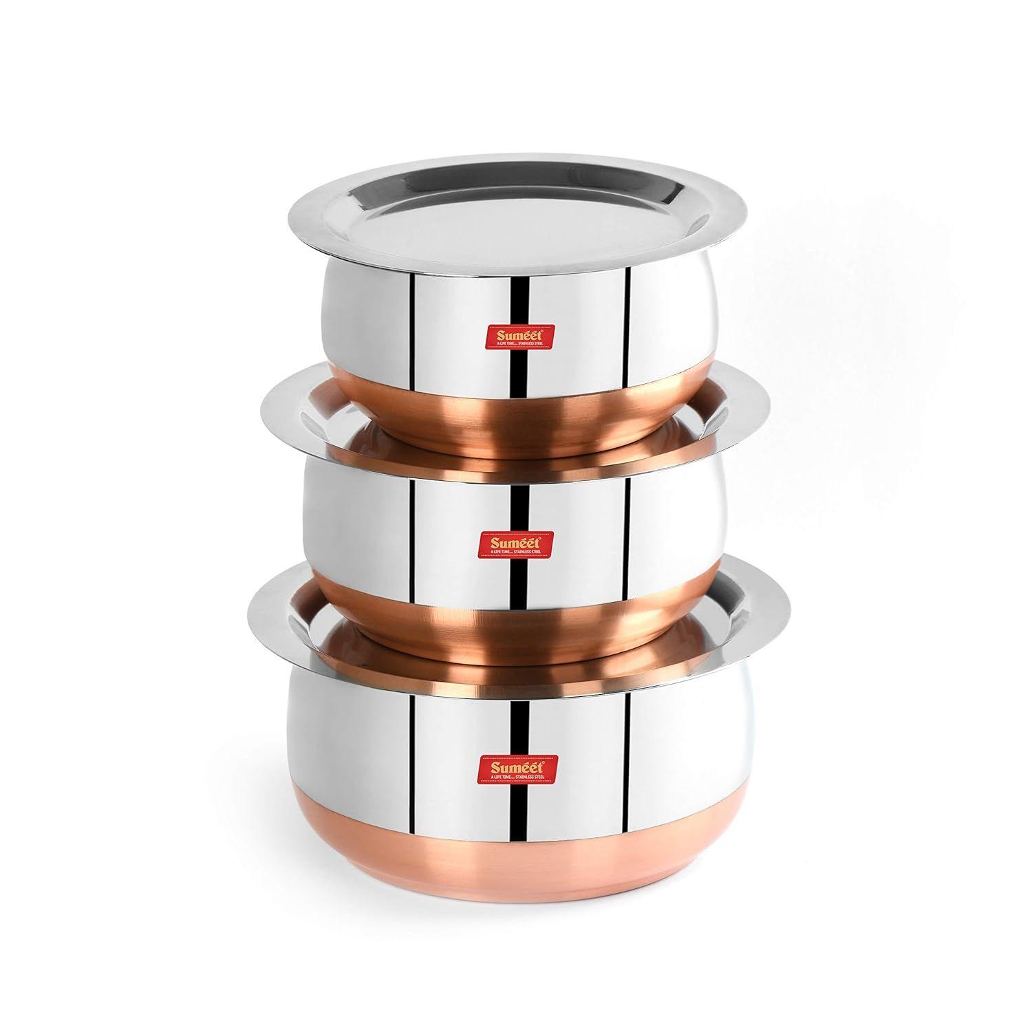 

Набор из 3 кастрюль/посуды/горшков из нержавеющей стали с медным дном, пузатой формы, с крышками 380 мл, 500 мл, 780 мл, (Серебряный)